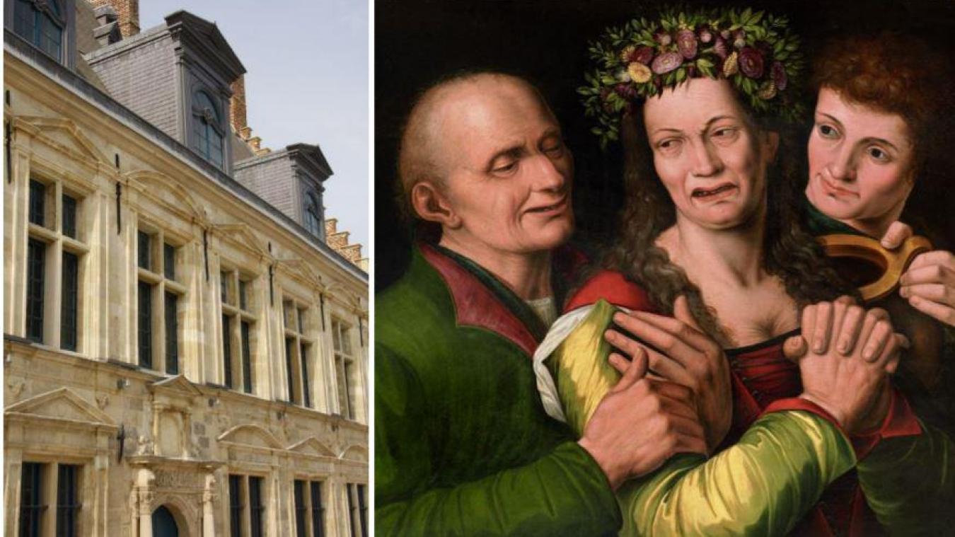 JAN SANDERS VAN HEMESSEN, La Mariée pleurant avec une couronne de fleurs dans ses cheveux et entourée d’une vieil homme et d’un jeune. Huile sur bois. @Musée de Flandre. Hôtel de la Noble-Cour, ©Philippe Houzé / Musée de Flandre