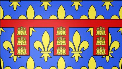Blason du comté d'Artois : D'azur semé de fleurs de lys d'or au lambel de gueules chaque pendant chargé de trois châteaux d'or (châtelé de neuf pièces d'or).