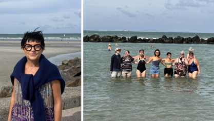 Sandrine Bardeaux (à gauche), organisatrice de l’événement ainsi que les participantes au rassemblement dans l’eau à Wimereux.