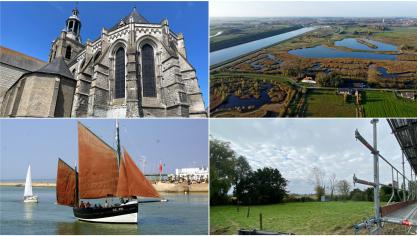 L’église de Bourbourg doit subir des travaux en 2026 (en haut à gauche), un projet de reboisement a lieu au PAarc (en haut à droite), le Christ-Roi amarré à Gravelines (en bas à gauche) devrait être restauré tandis que les jardins de l’ancien presbytère de Cappelle-Brouck (en bas à droite) doivent être repensés.